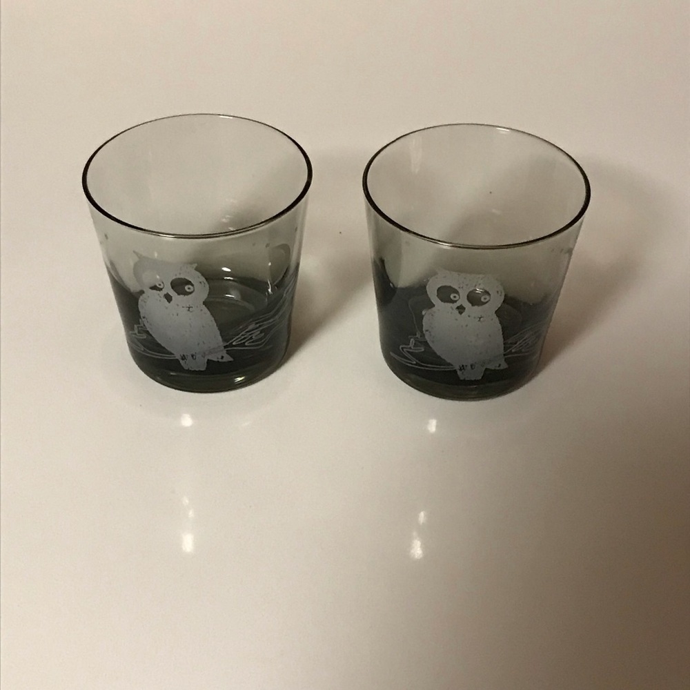Vintage Smokey Glass Owl Design Lowball Glasses